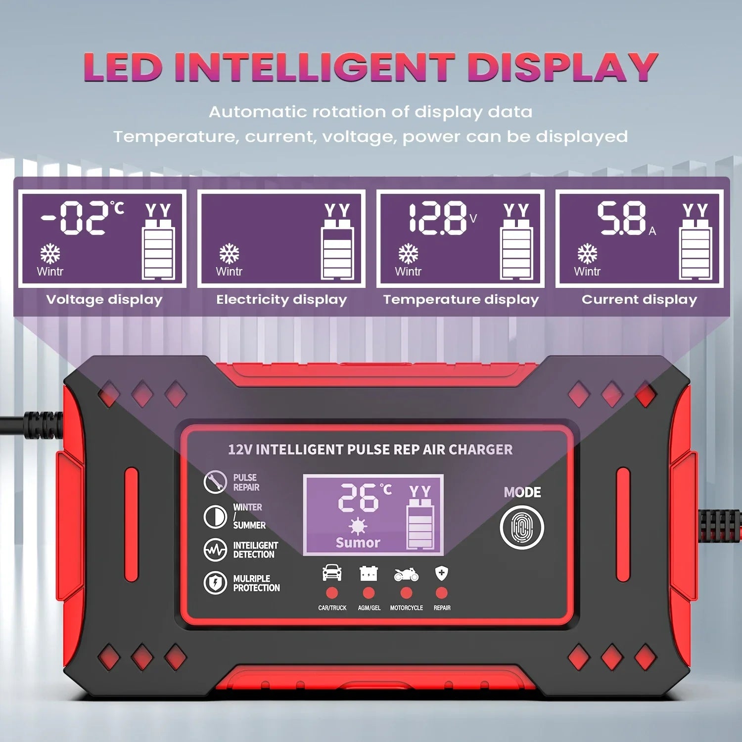 6A 12V Smart Car Battery Charger Lead-Acid Battery Red