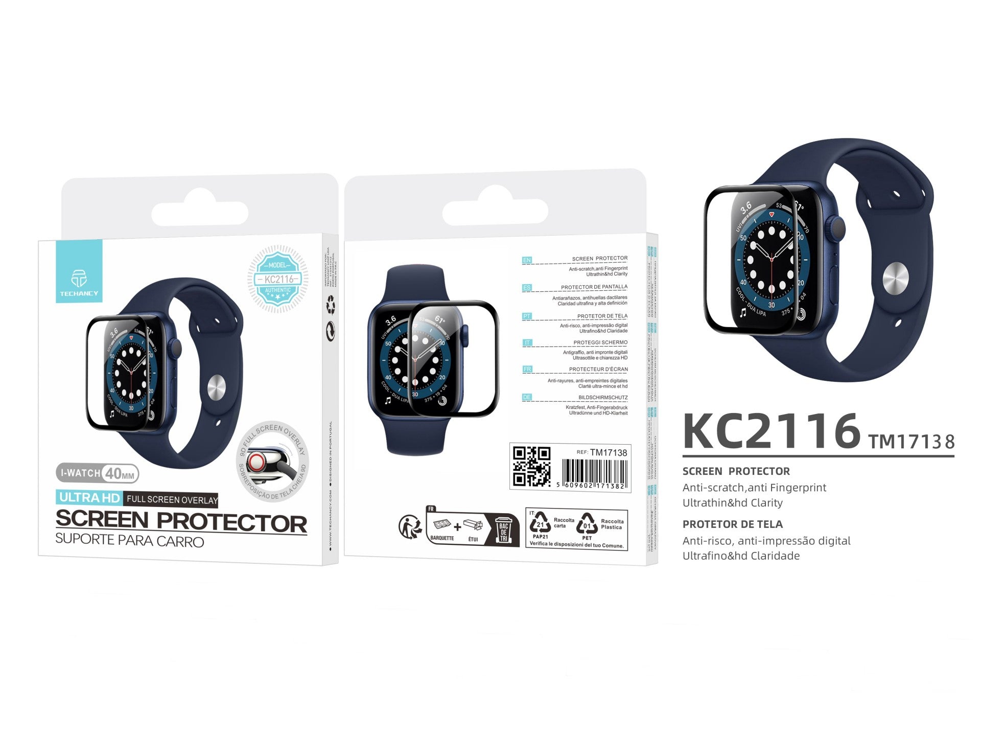Techancy Protetor De Ecrã Para Relógios Inteligentes KC2116, Compatível Com Iwatch-40mm, Anti-Riscos, Hd Ultra-Fino.