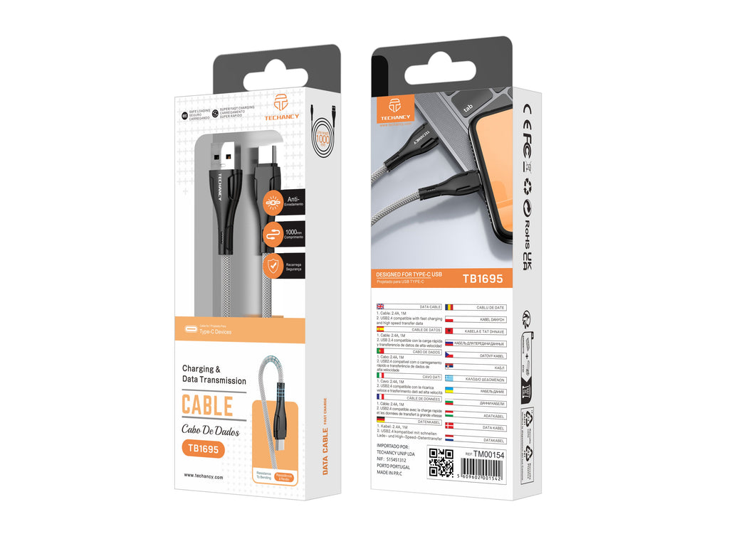 Techancy Cabo De Dados Usb-Tipo C 1M Branco TB1725, Carregamento De 2,4 A, Compatível Com Telemóveis Tipo C