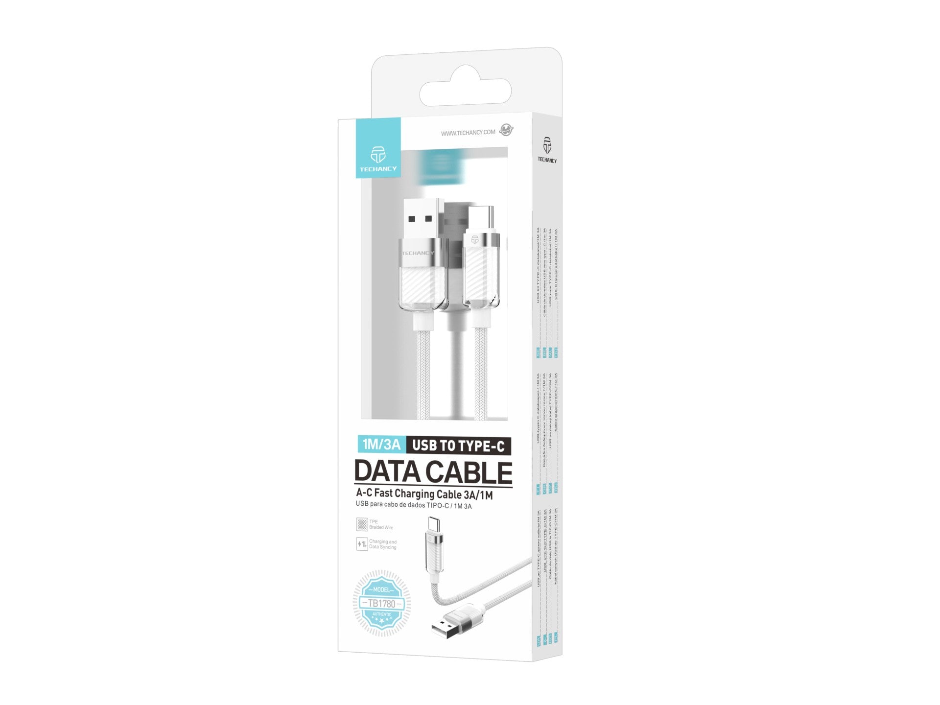 Techancy Cabo De Dados Usb Type-C 1m/3A Branco TV1780 Para Carregamento Rápido De Smartphones, Tablets E Computadores Portáteis