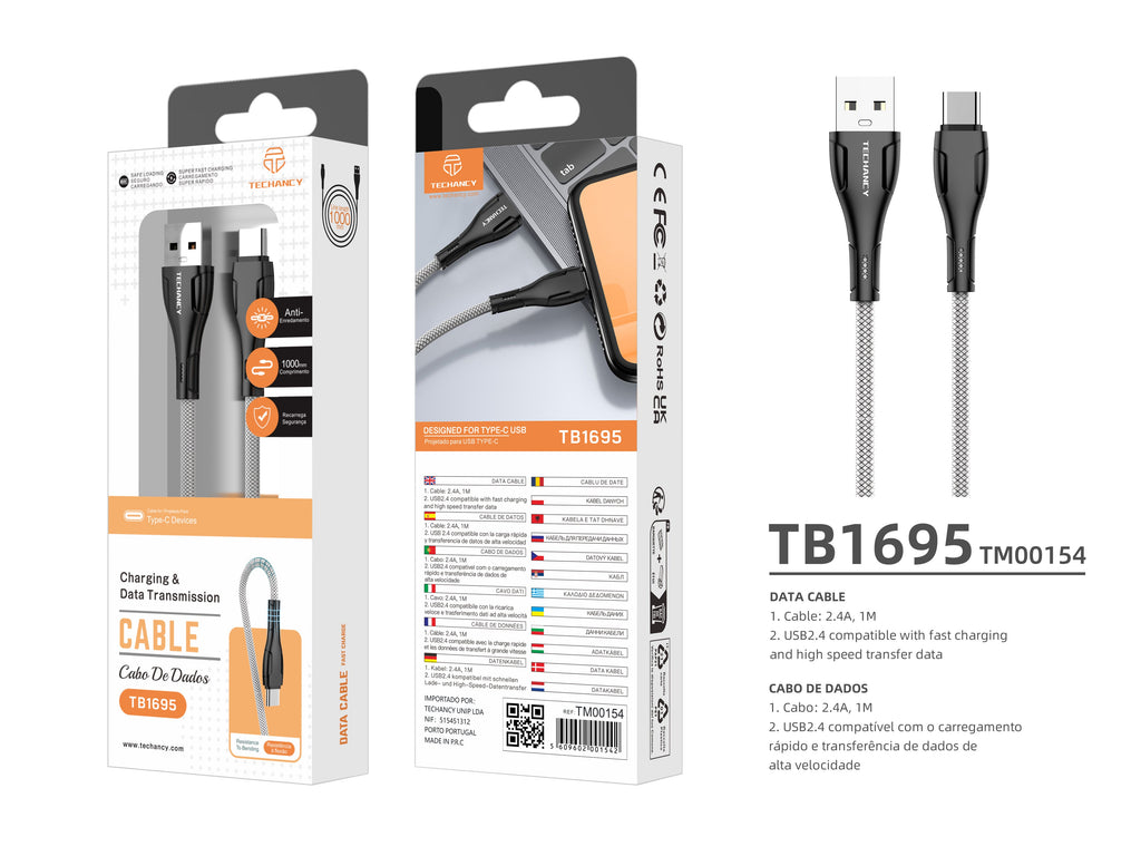 Techancy Cabo De Dados Usb-Tipo C 1M Branco TB1725, Carregamento De 2,4 A, Compatível Com Telemóveis Tipo C