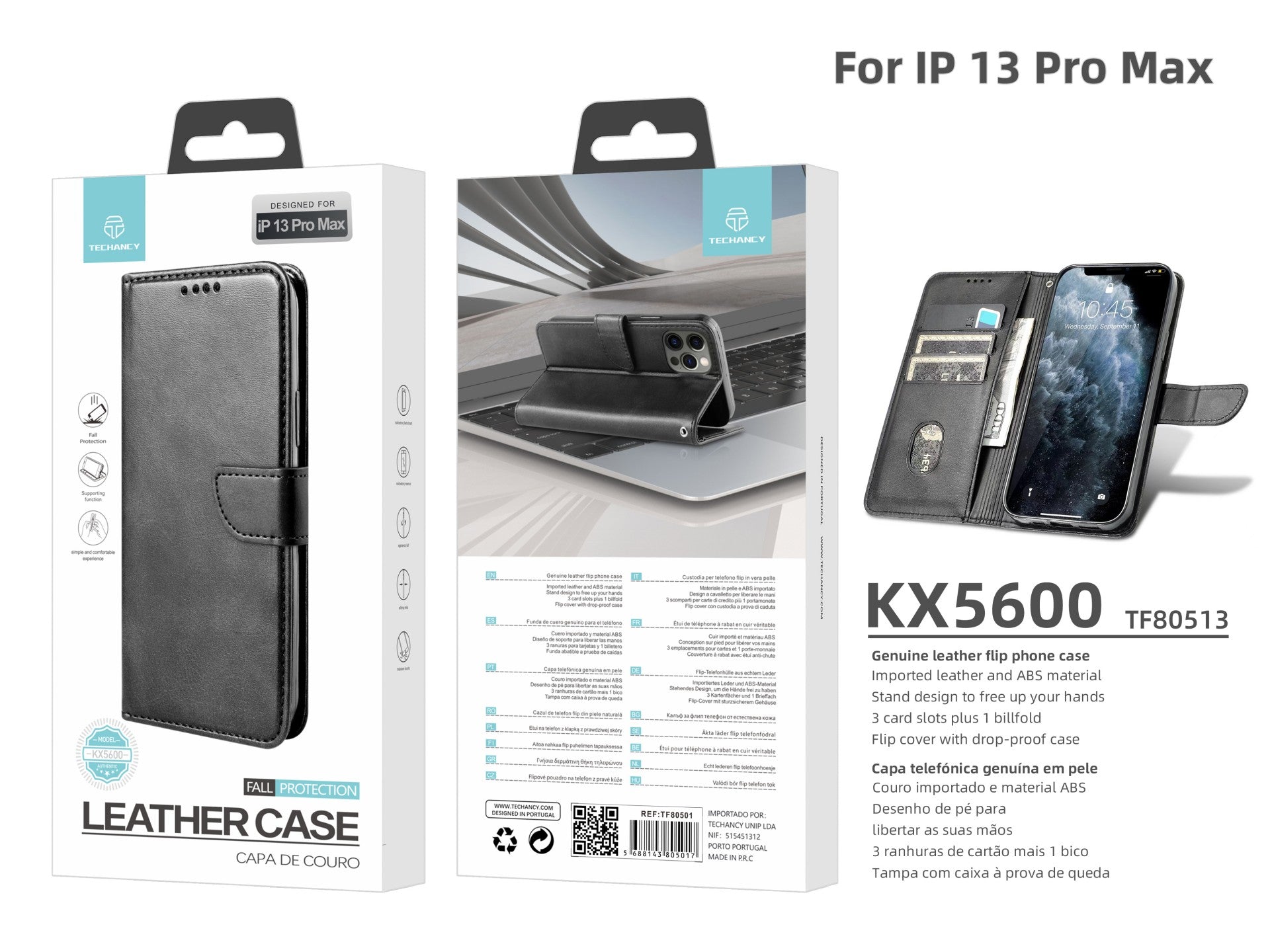 Capa flip em couro para telemóvel com 3 ranhuras para cartões, KX5600, função suporte e proteção contra quedas, compatível com iPhone 13 Pro Max, Preto