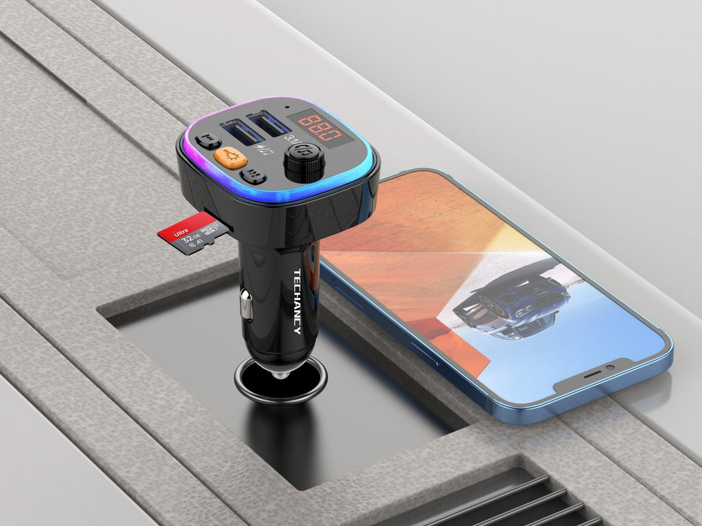Techancy Transmissor Fm Para Carro TE0866, Bluetooth, Mp3, 2usb 3.1a, Luz Led 7 Cores, Para 12-24v