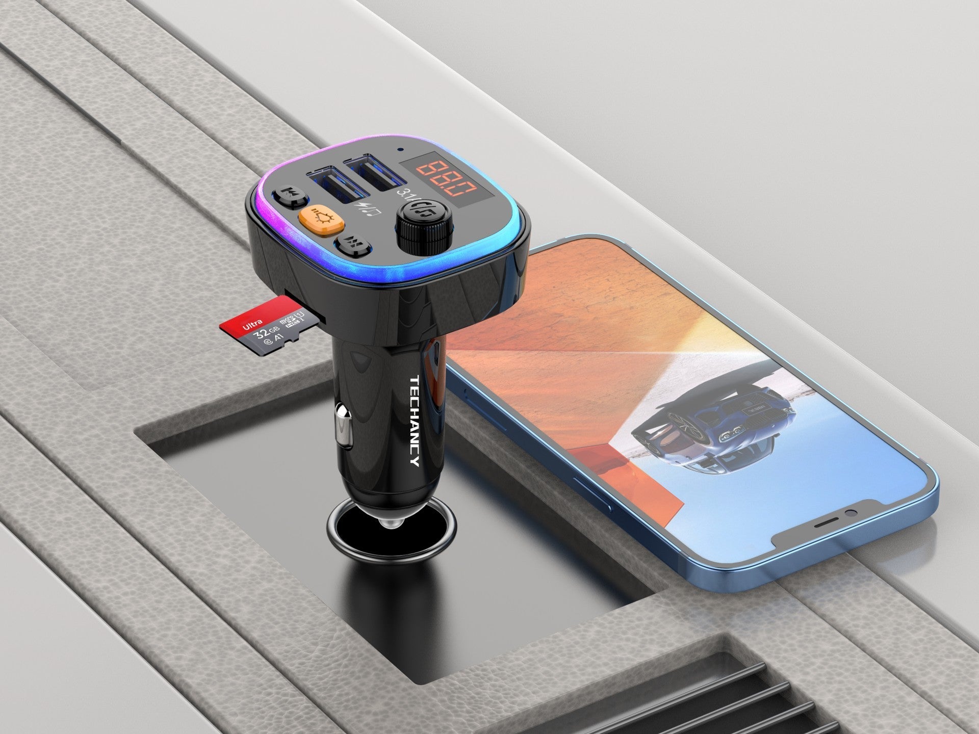 Techancy Transmissor Fm Para Carro TE0866, Bluetooth, Mp3, 2usb 3.1a, Luz Led 7 Cores, Para 12-24v