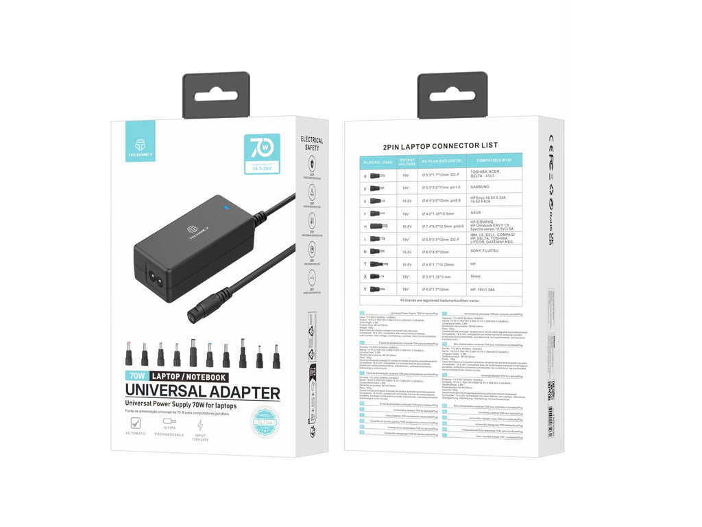 Techancy  Adaptador de energia universal TL7344 para laptops, com potência de 70W, 10 conectores e proteções contra sobrecorrente e sobretensão
