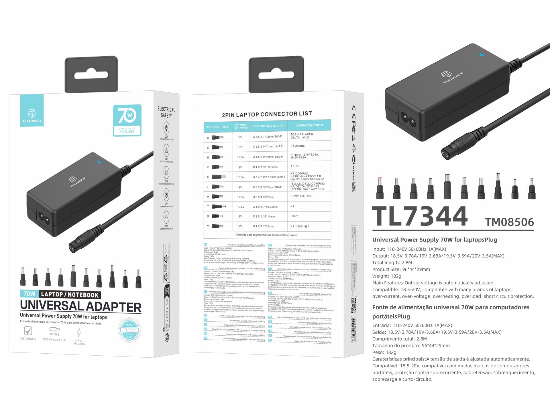 Techancy  Adaptador de energia universal TL7344 para laptops, com potência de 70W, 10 conectores e proteções contra sobrecorrente e sobretensão