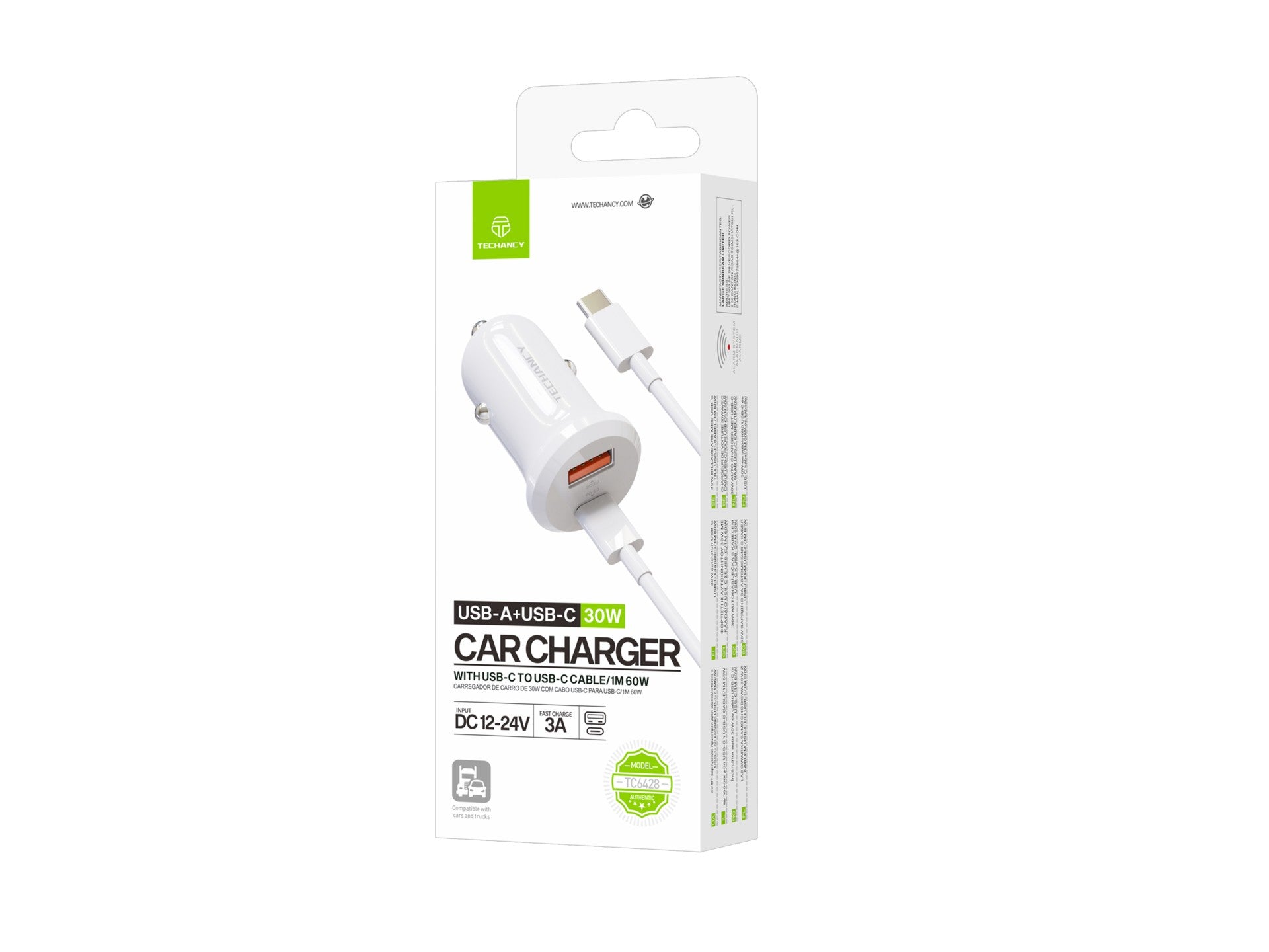 Techancy Carregador 30W TC6428, cabo USB-C, carga rapida, protecao multipla, compativel com veiculos