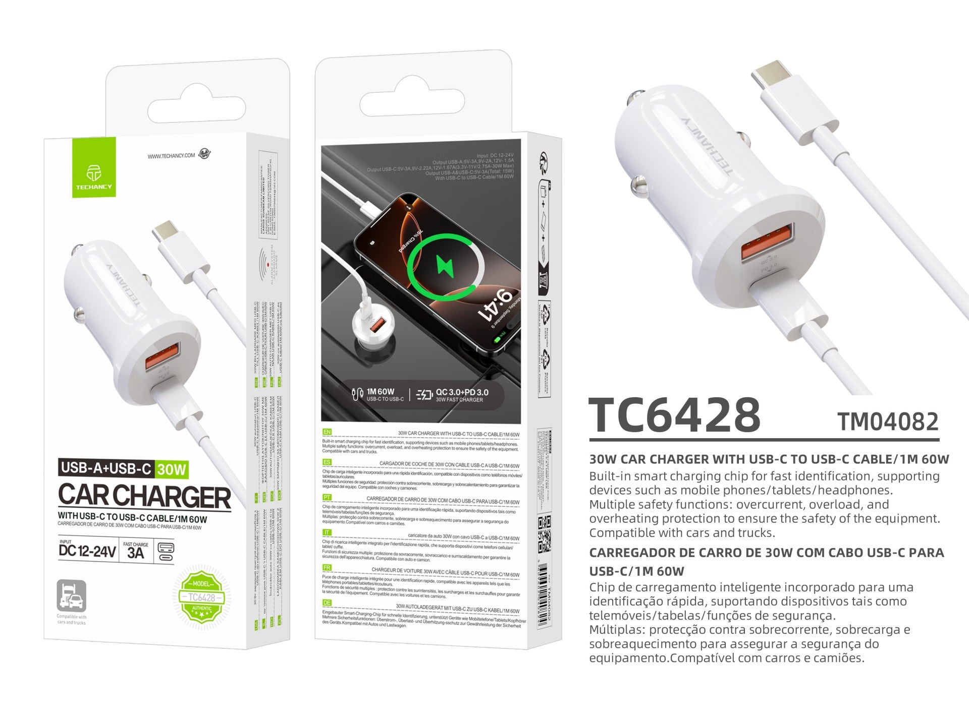 Techancy Carregador 30W TC6428, cabo USB-C, carga rapida, protecao multipla, compativel com veiculos